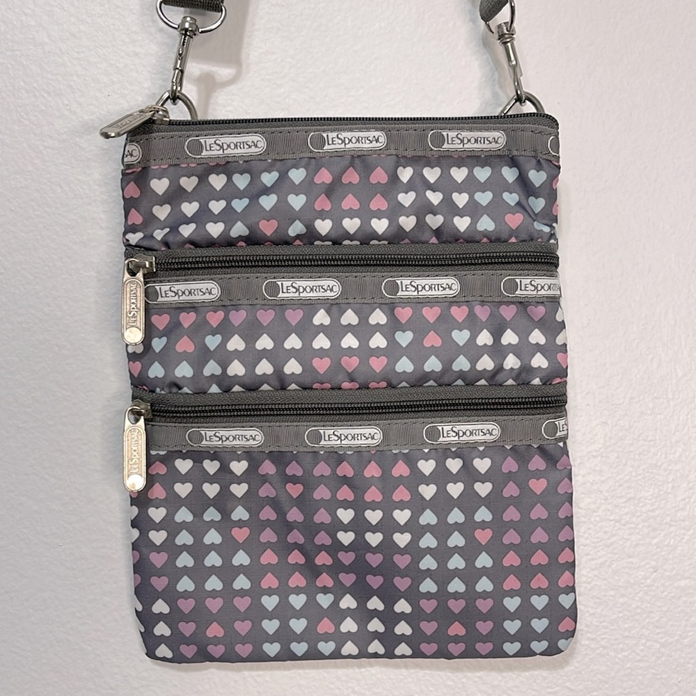 Lesportsac Black and Pink Crossbody Bag with Heart Pattern EUC